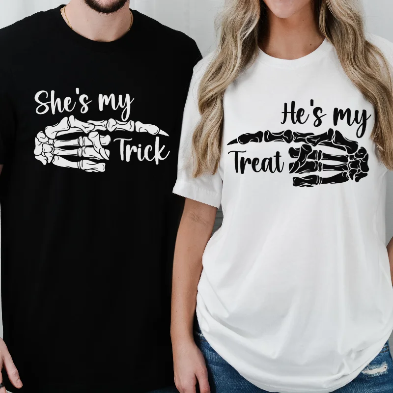 Couple Matching Halloween Shirt - His Trick, Her Treat - Sizes Small to 5XL in Several Colors-- Zippered Front Buttoned Front Snap Front