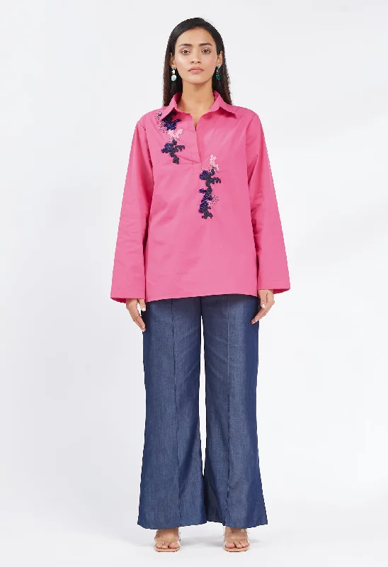 Pink Hand Embroidered Kurta Shirt-- Jersey Fabric Tulle Fabric Batik Fabric