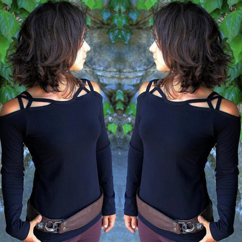 solid Fashion Women Cotton Off Shoulder Long Sleeve Casual Shirt Tops T-shirt-- Notch Collar Peter Pan Collar Cowl Neck