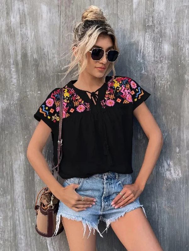 Women'S Fashion Embroidered V-Neck Shirt-- Solid Color Striped Floral