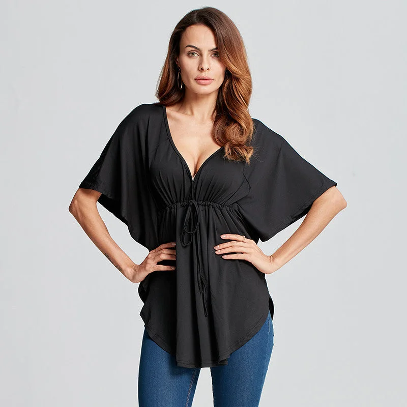 Women Blouses Casual Loose Blouse V-Neck Batwing Sleeve Tee Tops Solid Black Shirts Plus Size XS-5XL-- Mesh Blend Leather Blend Suede Blend