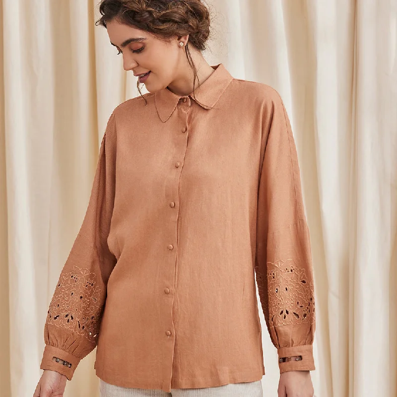 B77 Women's Linen Shirt Ros Color With Cutwork Embroidered Sleeves-- Mesh Fabric Canvas Fabric Denim Fabric B77 Women's Linen Shirt Ros Color With Cutwork Embroidered Sleeves-- Mesh Fabric Canvas Fabric Denim Fabric