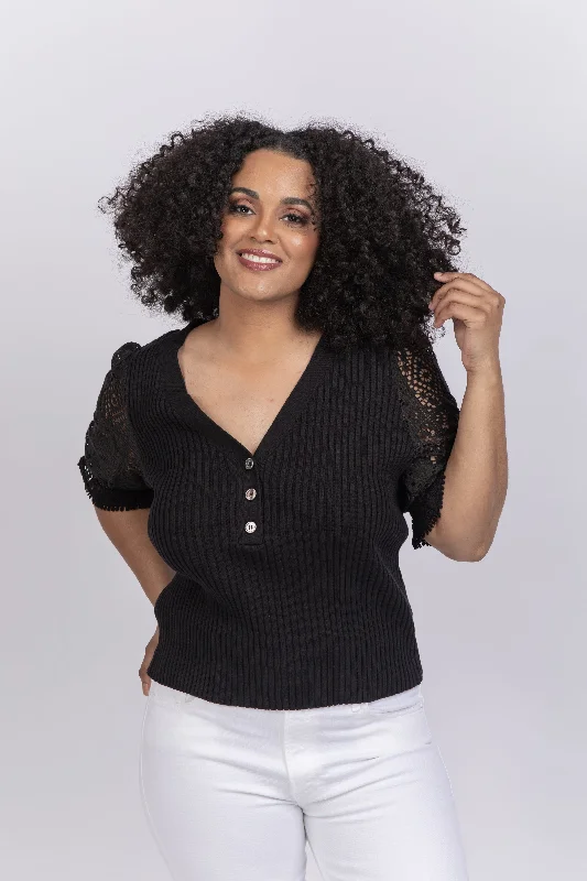 Central Park West Clay Puff Sleeve Shirt Black-- Plaid T-Shirt Polka Dot Checkered