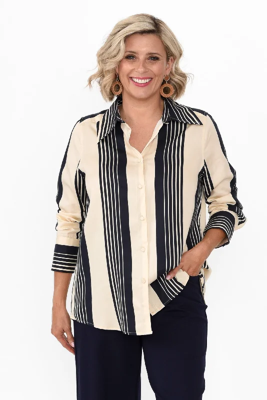 Heartstopper Navy Stripe Lyocell Shirt-- Fleece Fabric Down Fabric Feather Fabric