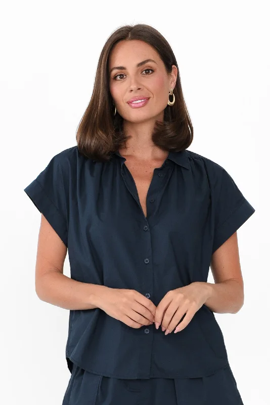 Harlyn Navy Cap Sleeve Shirt-- Satin Blend Silk Blend Wool Blend