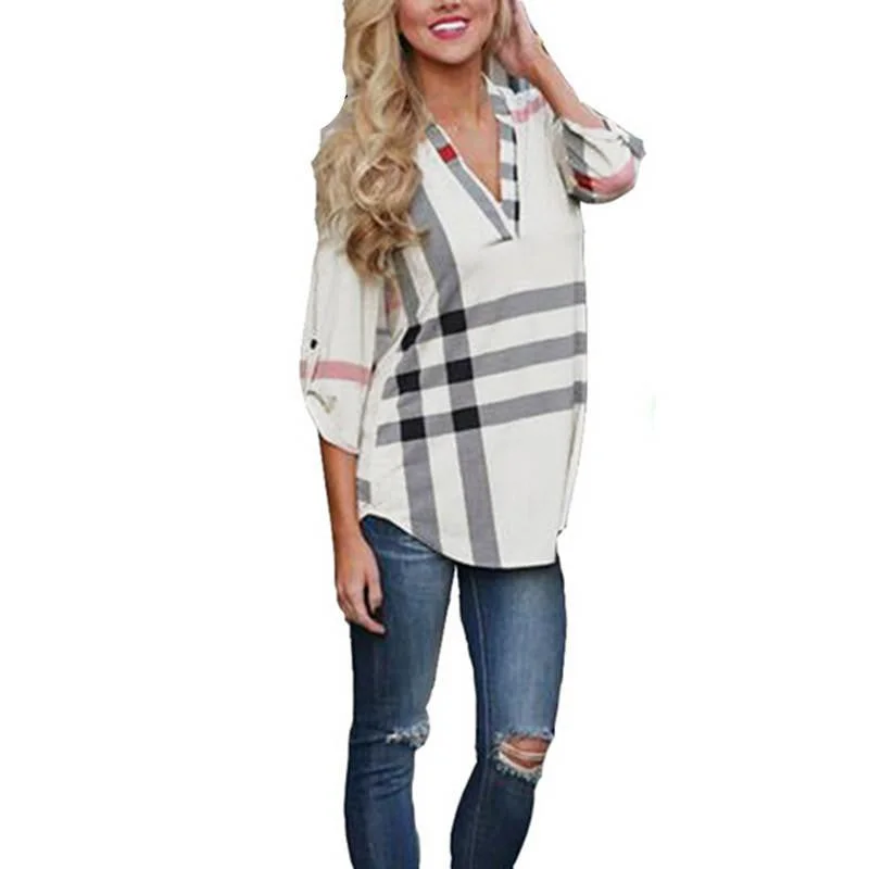 Women White Blouse Shirt V-neck Three Quarter Sleeve Casual Plaid Shirt-- Cozy Warm Stylish