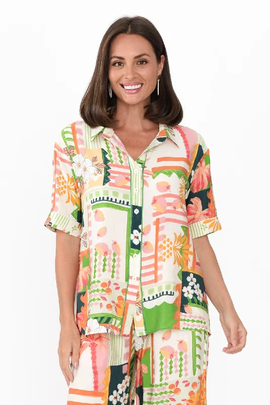 Cancun Green Tropical Shirt-- Spandex Blend Rayon Blend Denim Blend