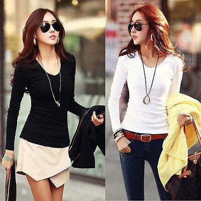Women Basic Plain Round Crew Neck Tee Shirts Stretch Long Sleeve Top-- Elegant Classic Vintage