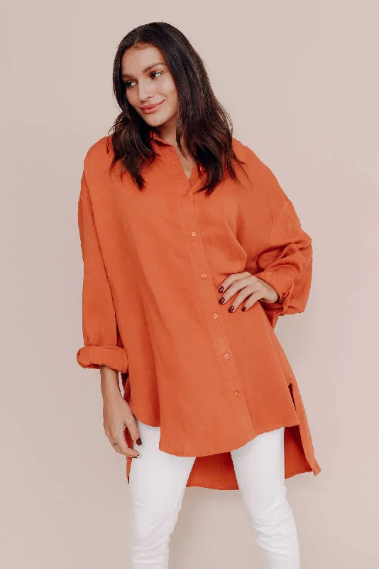 Malena Terracotta Collared Shirt-- Zippered Front Buttoned Front Snap Front
