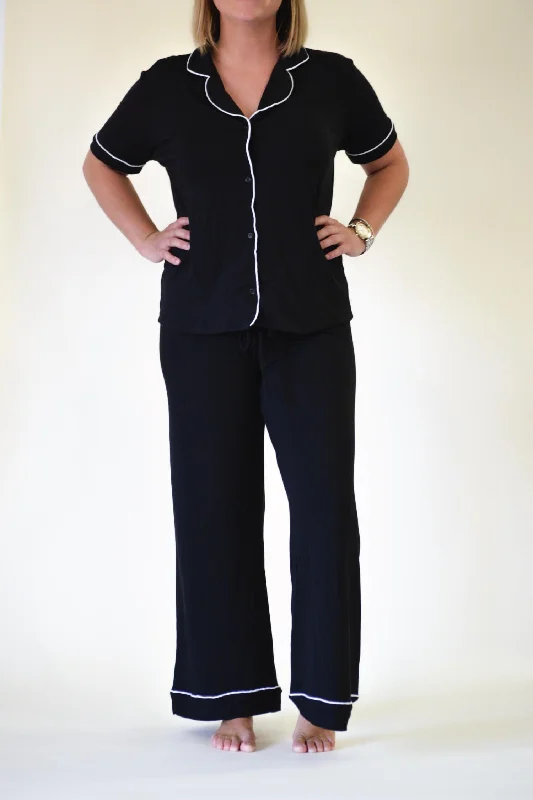 Ava Short Sleeve Night Shirt With Piping In Black/white-- Oversized T-Shirt Spandex breathable