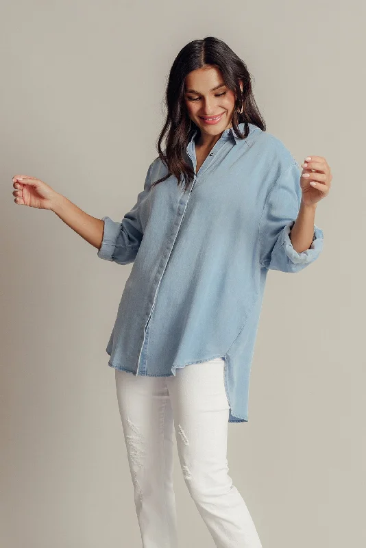 Jenaya Blue Chambray Collared Shirt-- Welt Pockets Slit Pockets