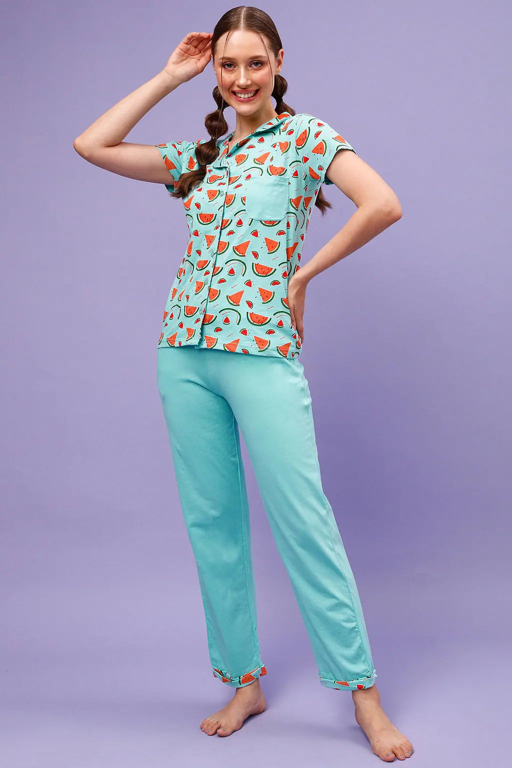 Tutti Fruity Button Down Shirt & Chic Basic Pyjama Set in Sky Blue - 100% Cotton-- Denim Fabric Leather Fabric Suede Fabric