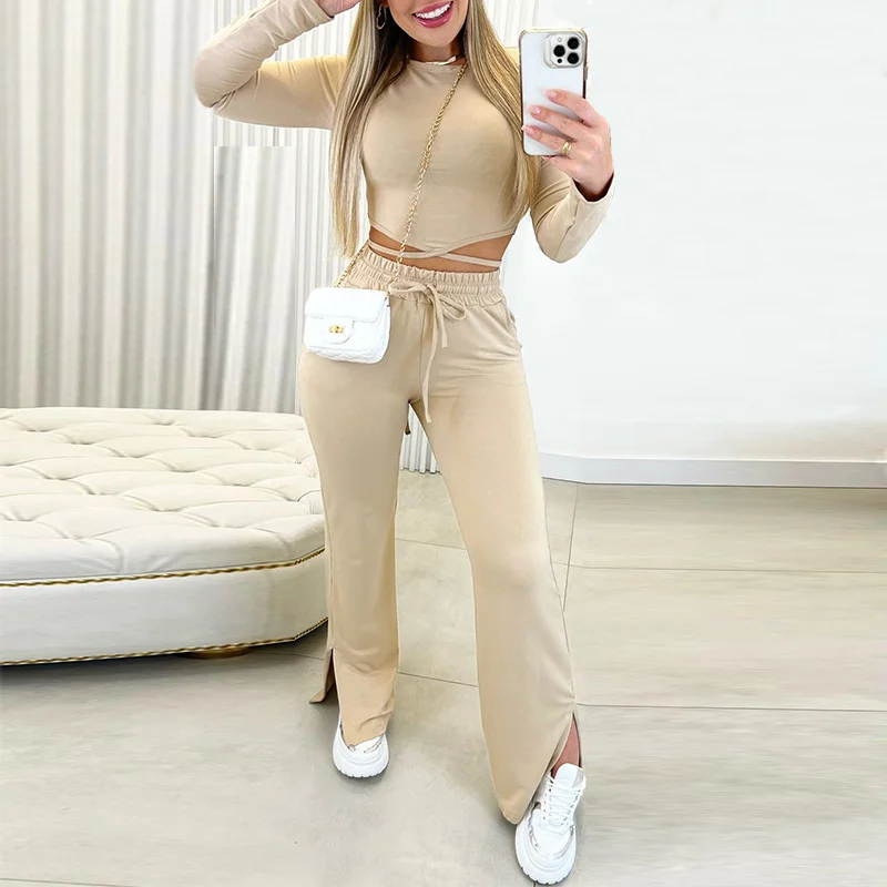 Women Fashion Casual Athleisure Solid Long-Sleeved T-Shirt Drawstring High Waist Slit Straight-Leg Pants Two-Piece Set-- Chenille Fabric Brocade Fabric Lace Fabric