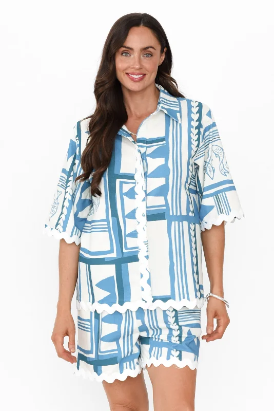 Nissa Blue Sea Linen Blend Shirt-- Spandex Blend Rayon Blend Denim Blend