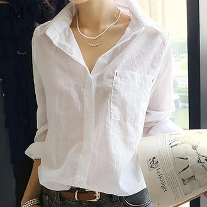 Women Shirts Blouses Female Shirt Turn Down Collar Long Sleeve Tops Casual Cotton Blouse White-- Denim Fabric Leather Fabric Suede Fabric