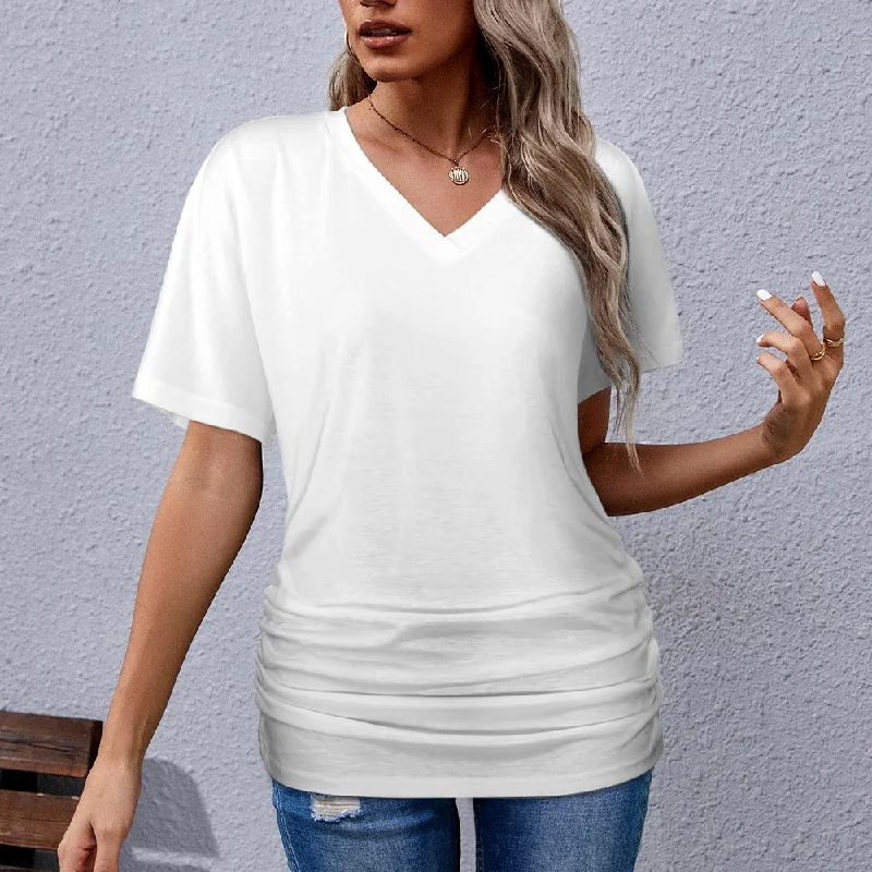 Assorted Spring Colors V-neck pleated T-shirt-- Print Jacquard Patchwork