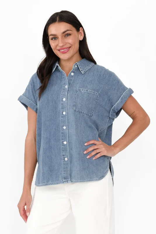 Taylor Blue Denim Collared Shirt-- Mesh Blend Leather Blend Suede Blend