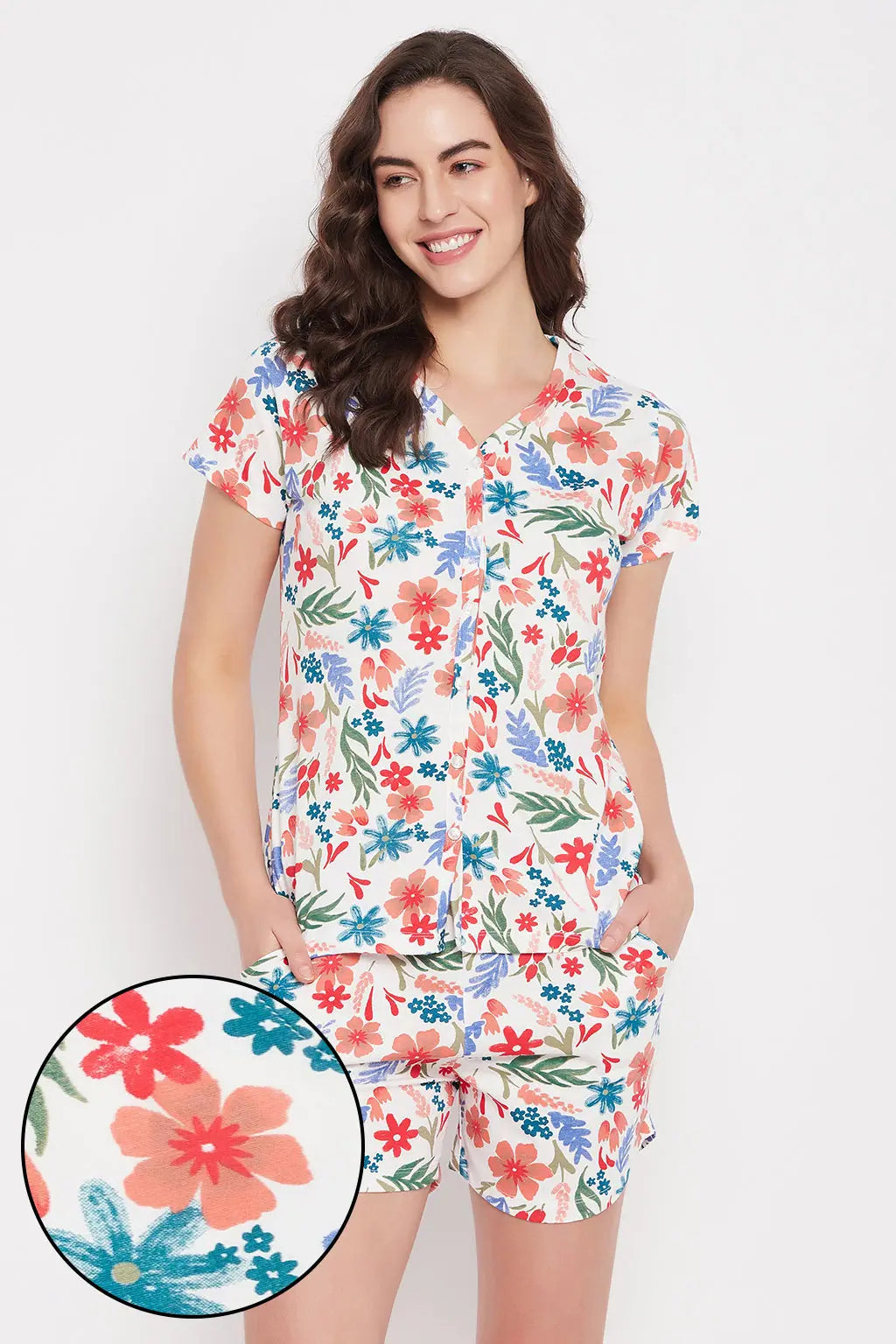 Pretty Florals Button Down Shirt & Shorts Set in White - 100% Cotton-- Chenille Brocade Lace Pretty Florals Button Down Shirt & Shorts Set in White - 100% Cotton-- Chenille Brocade Lace