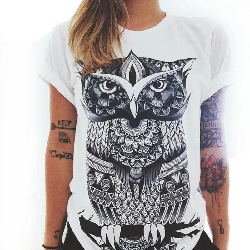 Women Short Sleeve Printed Retro Owl And Palm Eye T Shirts Plus Size 2XL Tee Shirt-- Fleece Nylon Spandex Women Short Sleeve Printed Retro Owl And Palm Eye T Shirts Plus Size 2XL Tee Shirt-- Fleece Nylon Spandex