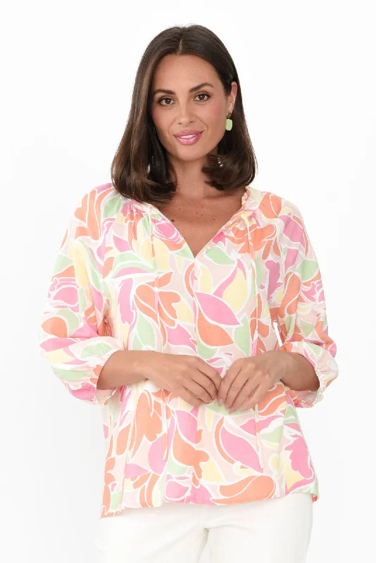Daniella Orange Tropical Shirt-- Print Jacquard Patchwork