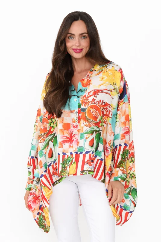 Elodina Blue Tropical Linen Shirt-- Iron Safe Non-Iron Wrinkle Free