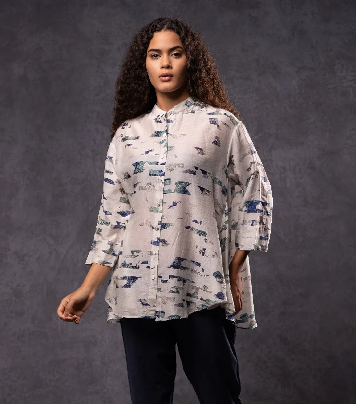 Cotton Silk Printed Shirt-- Zippered Front Buttoned Front Snap Front
