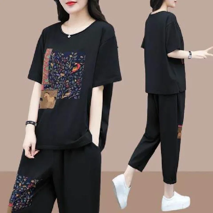Women Summer Casual Short Sleeve T-Shirt And Loose Pants Graphic Printed Set-- Houndstooth Herringbone Solid