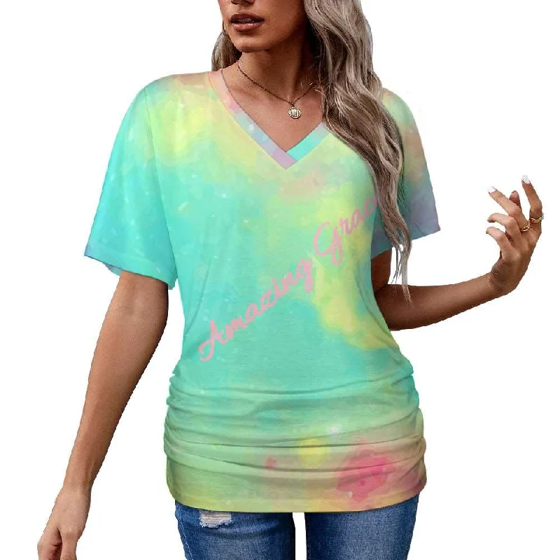 Amazing Grace V-neck pleated Christian T-shirt-- Solid Print Embellished