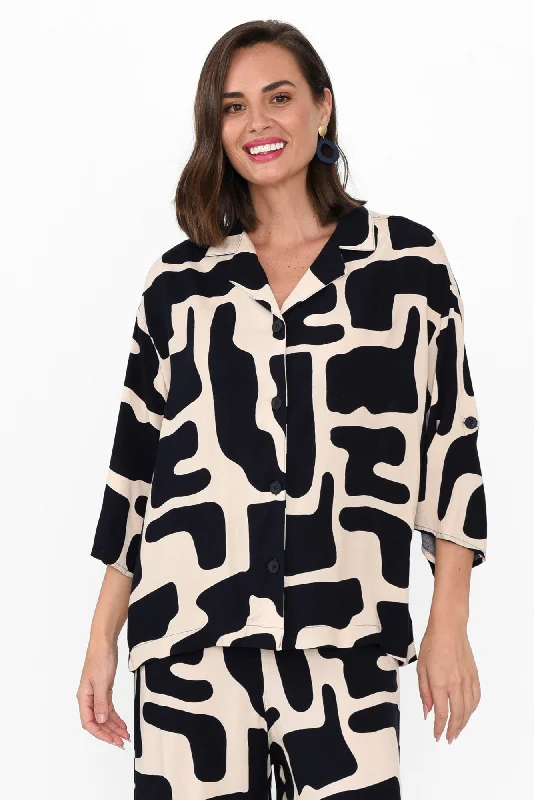 Deb Dark Navy Geo Collared Shirt-- Casual Formal Business