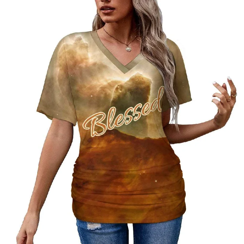 Blessed V-neck pleated Christian T-shirt-- Embroidered Appliqued Beaded