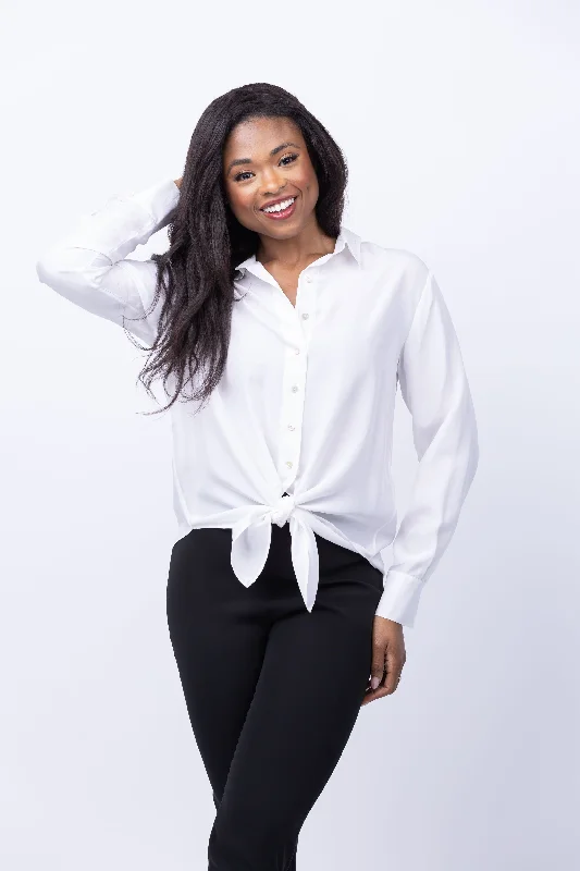 go > Silk Go Get Waisted Shirt in White-- Spandex Blend Rayon Blend Denim Blend