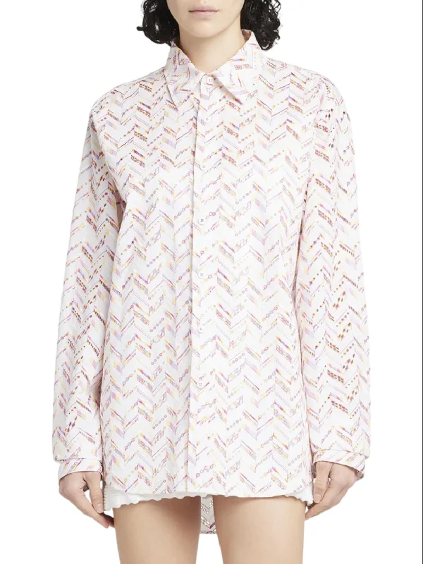 Eyelet Embroidery Long Sleeve Shirt In Multicolor-- Ribbed Striped Patterned