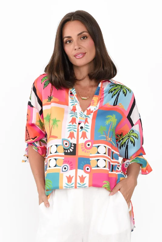 Suzy Pink Tropical V Neck Shirt-- Lace Blend Ribbed Blend Corduroy Blend