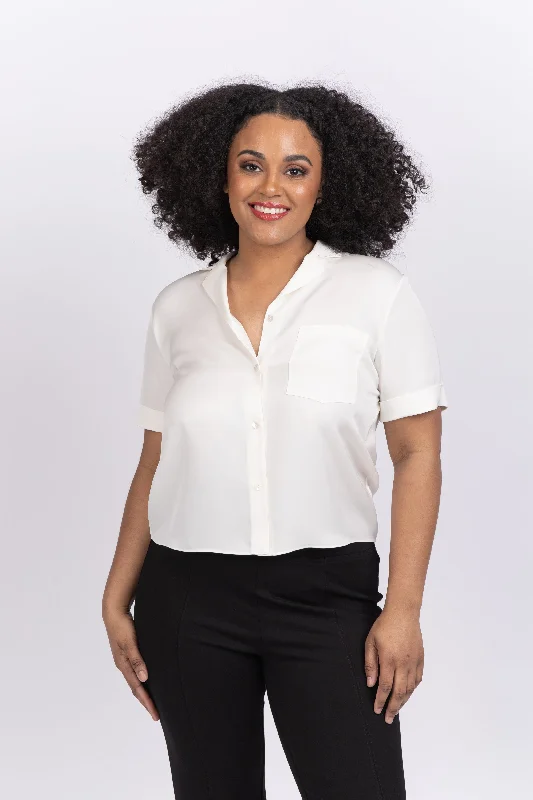 Theory Silk Cropped Camp Shirt Ivory-- Solid Color Striped Floral