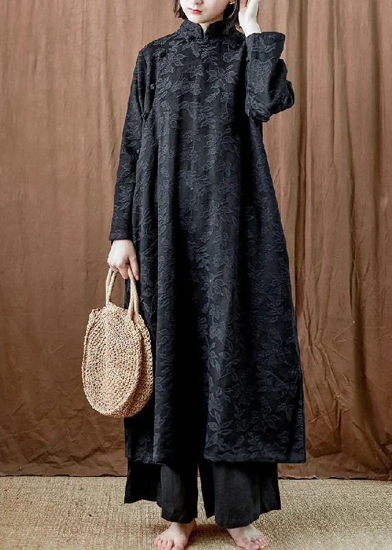 Black Pockets Cotton Long Dresses Stand Collar Fall MN064 Tunics Trendy modern