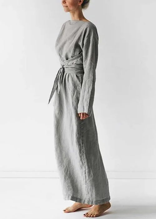 New Grey Solid Tie Waist Cotton Long Dress Long Sleeve FF042 Tunics Versatile all-occasion New Grey Solid Tie Waist Cotton Long Dress Long Sleeve FF042 Tunics Versatile all-occasion
