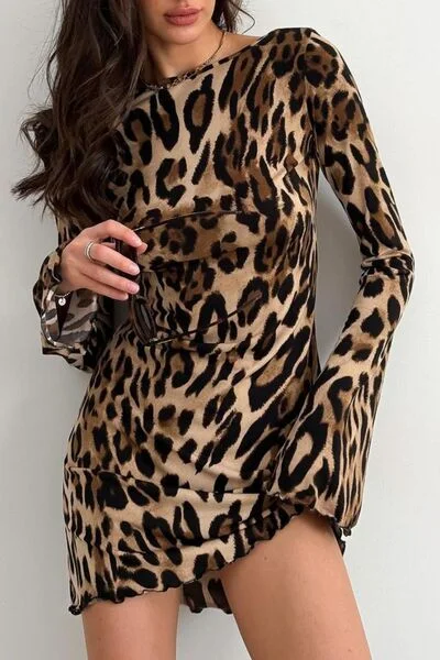 Backless Leopard Long Sleeve Mini Dress Trendy Camisole Mini Dress