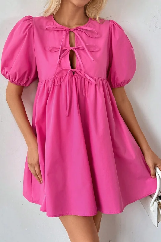 Bright Pink Tie Front Puff Sleeve Mini Dress Stylish Summer Mini Dress