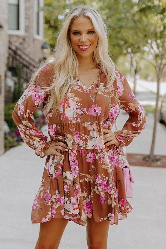 Brown Floral Print Drawstring V Neck Ruffled Babydoll Mini Dress Cozy Knit Mini Dress Brown Floral Print Drawstring V Neck Ruffled Babydoll Mini Dress Cozy Knit Mini Dress