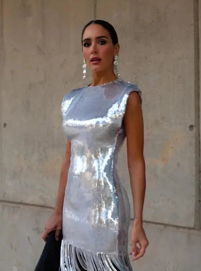 Shiny Silver Sexy Sequins Tassels Dresses Elegant Chic O Neck Sleeveless Mini Dress Elegant Tulle Mini Dress Shiny Silver Sexy Sequins Tassels Dresses Elegant Chic O Neck Sleeveless Mini Dress Elegant Tulle Mini Dress