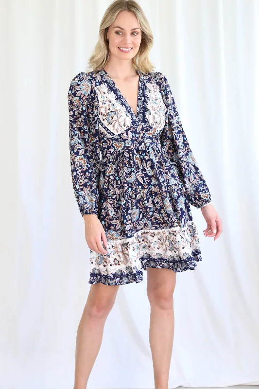 Loretta Mini Dress - Navy/Brown Tunics Versatile all-occasion