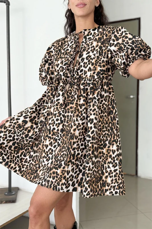 Multicolor Leopard Knot Front Short Puff Sleeve Mini Dress Fashionable Mini Dress with Pockets Multicolor Leopard Knot Front Short Puff Sleeve Mini Dress Fashionable Mini Dress with Pockets