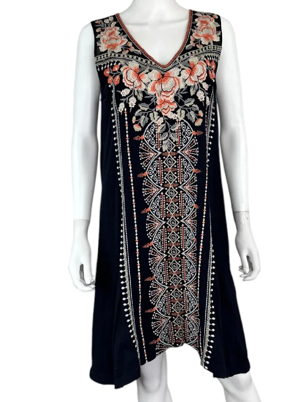 Johnny Was Black Floral Embroidered Mini Dress Size L Chic Tropical Mini Dress