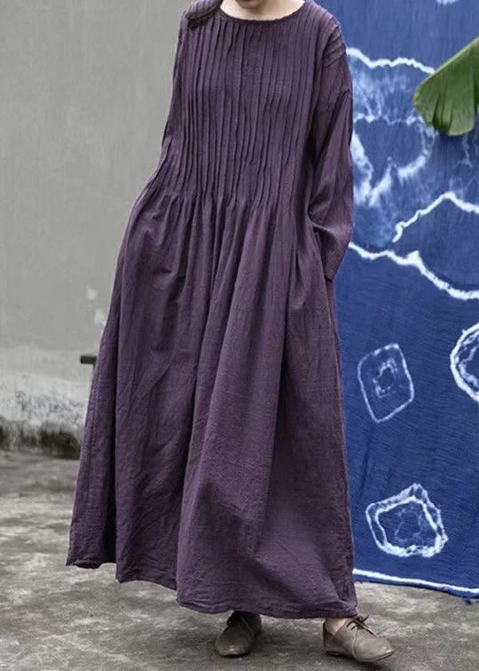 Loose Purple O Neck Wrinkled Linen Long Dress Long Sleeve MN083 Turtleneck Neckline Stylish