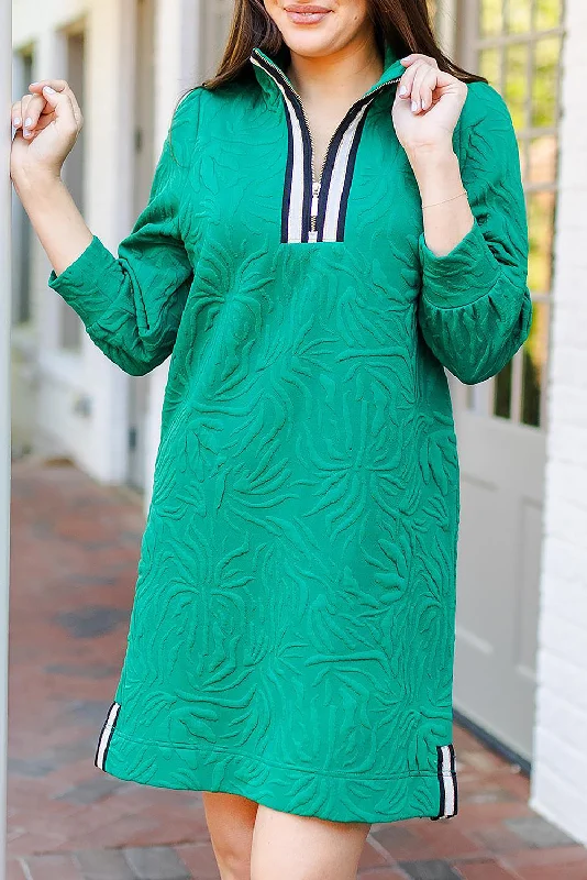 Sea Green Jacquard Textured Quarter Zipper Mini Dress Chic Tropical Mini Dress