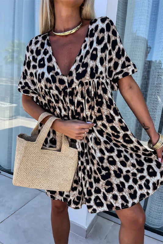 Khaki Leopard Print Backless V Neck Loose Fit Mini Dress Classic Casual Mini Dress