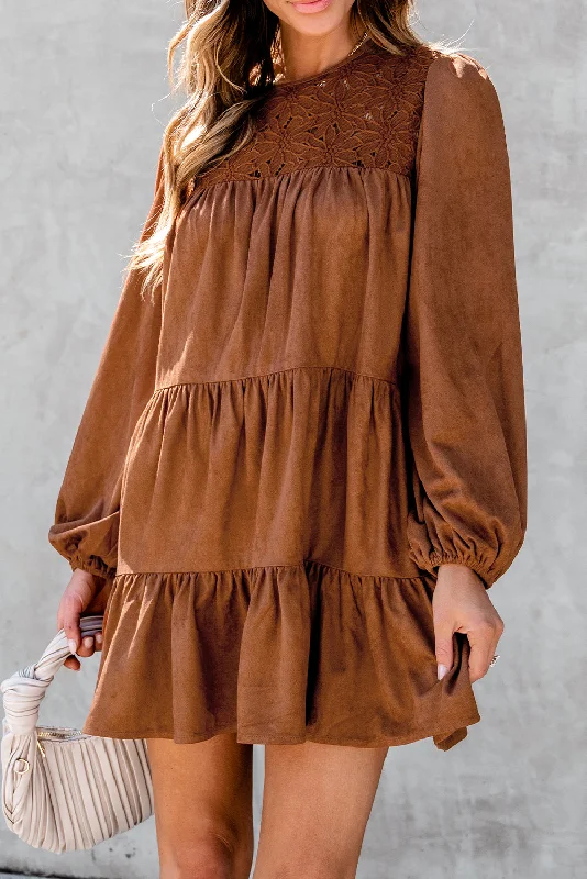 Chestnut Floral Lace Crochet Tiered Ruffle Mini Dress Chic Pleated Mini Dress