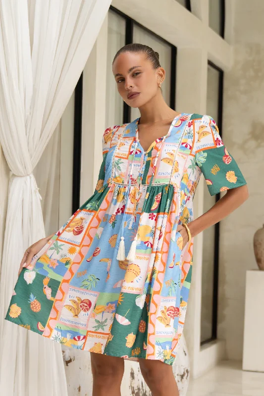 Praia Multicolour Tropical V-Neck Mini Dress Elegant Vintage Mini Dress