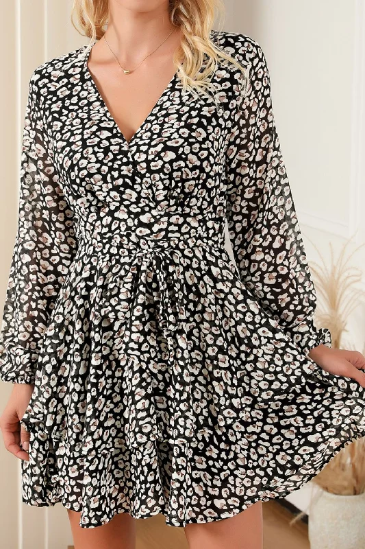 Printed Surplice Long Sleeve Mini Dress Classic Shift Mini Dress