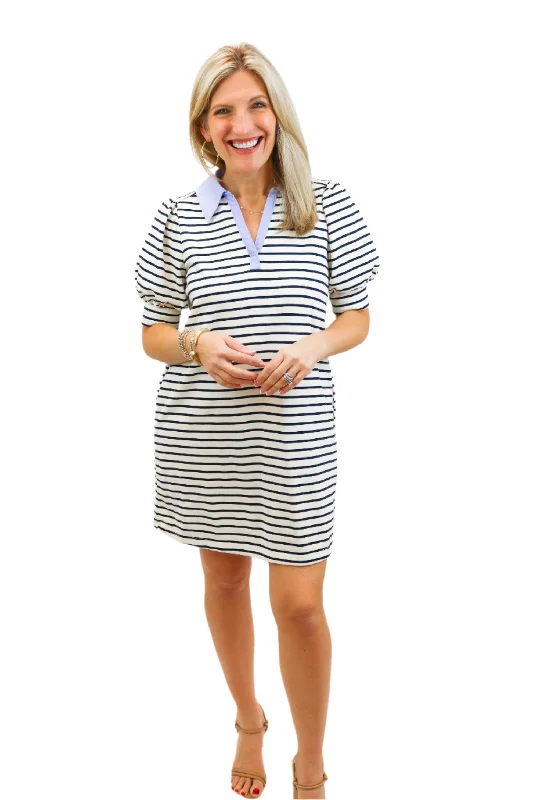Sincerely Yours Mini Dress, Black/White Stripe Fashionable Lace-Trim Mini Dress